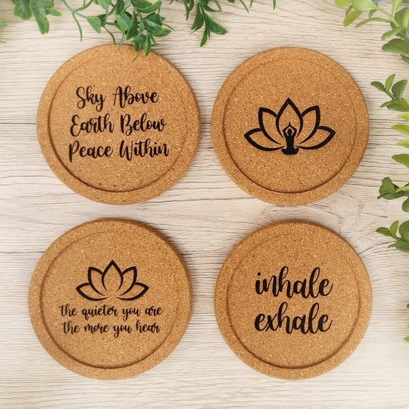 ZEN / YOGI GIFT!!! Laser Engraved Cork Coaster Set - Namaste - Picture 4 of 10